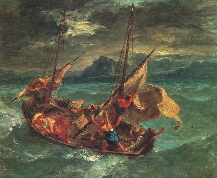 Artist: Eugene Delacroix. Piece:  "Sea of Galilee." Reference: Mark 4 or Matthew 8. Observation: Our feelings don't really phase the Prince of Peace, do they.